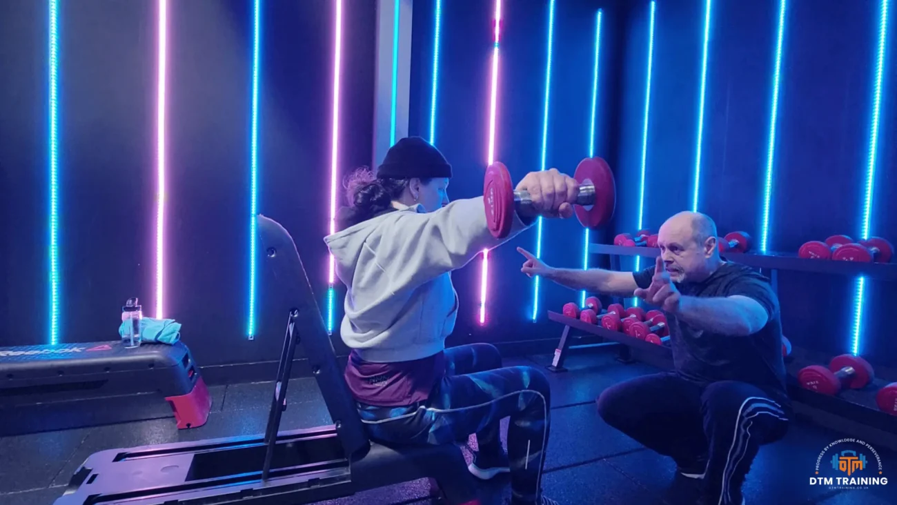 Daniel Batir coaching a client through a seated dumbbell shoulder raise exercise, providing real-time technique and posture corrections during a personal training session.